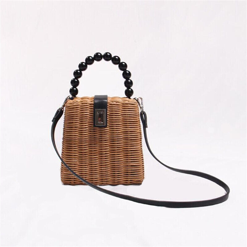 Summer New Straw Rattan Bag for Women Beaded Handle Seaside Beach Crossbody Bag