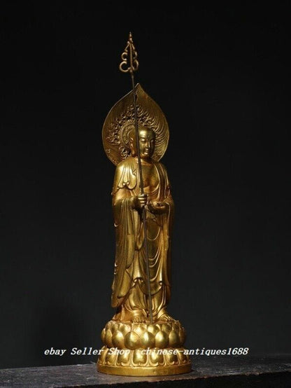 14" Old Tibet Buddhism Copper Gilt Stand Ksitigarbha Boddhisattva Buddha Statue