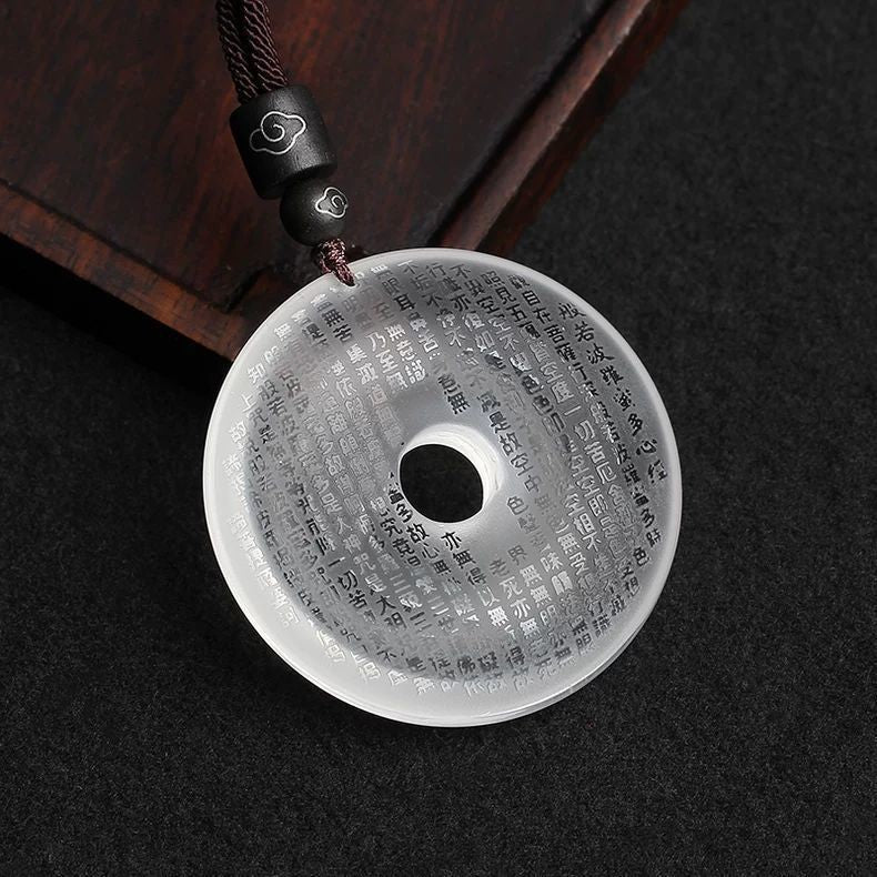 Glass Heart Sutra Ping An Buckle Pendant Necklace Buddhist Amulet Feng Shui