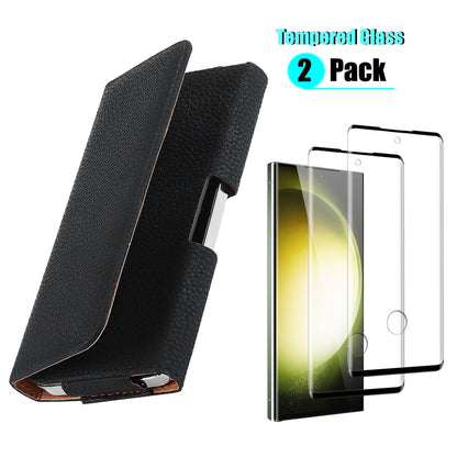 Leather Belt Loop Clip Case Cover /Tempered Glass For Galaxy S23 Ultra/S23+ 5G