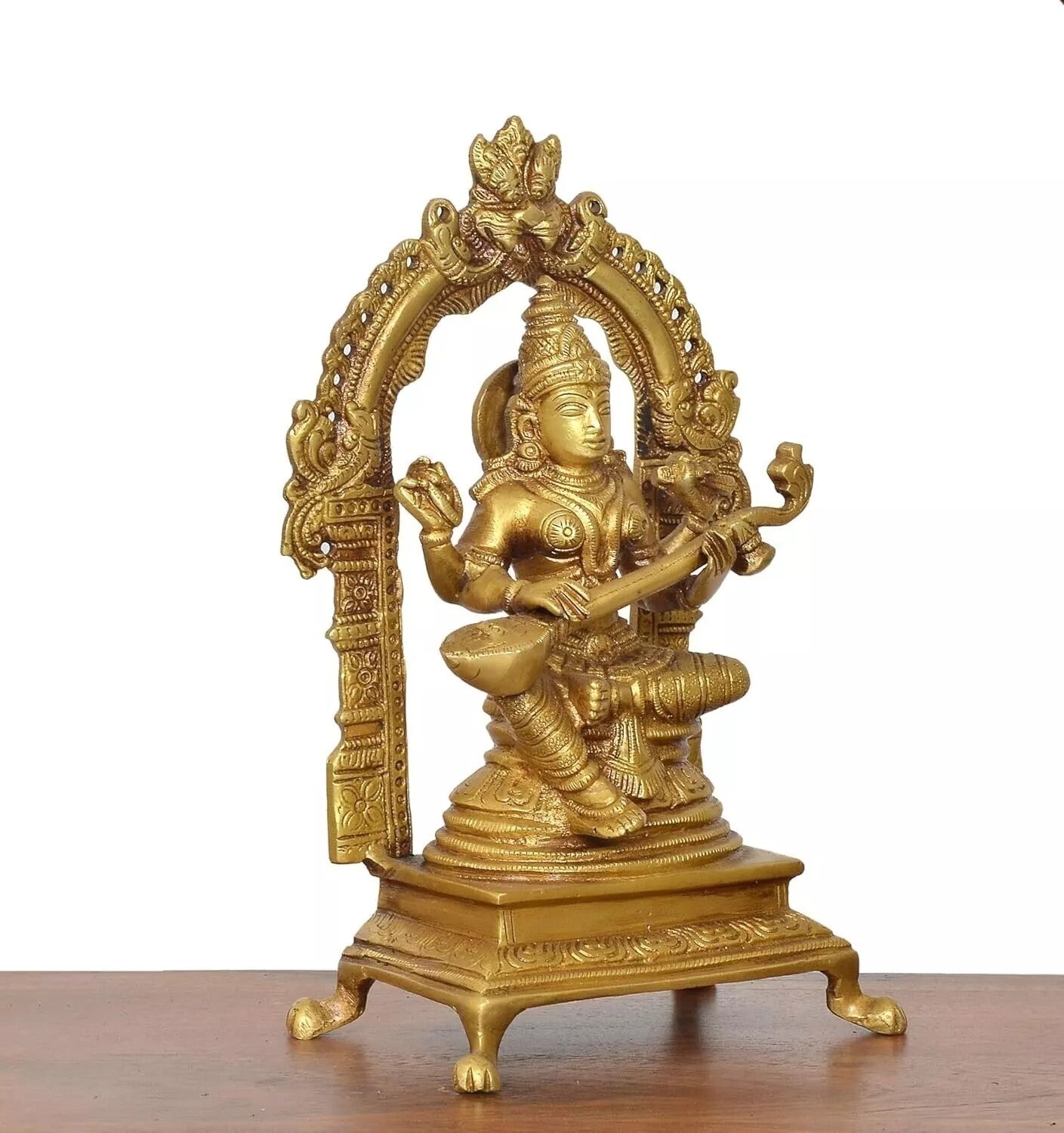 Brass Hindu Goddess of Knowledge Saraswati Idol Statue Figurine Sculpture