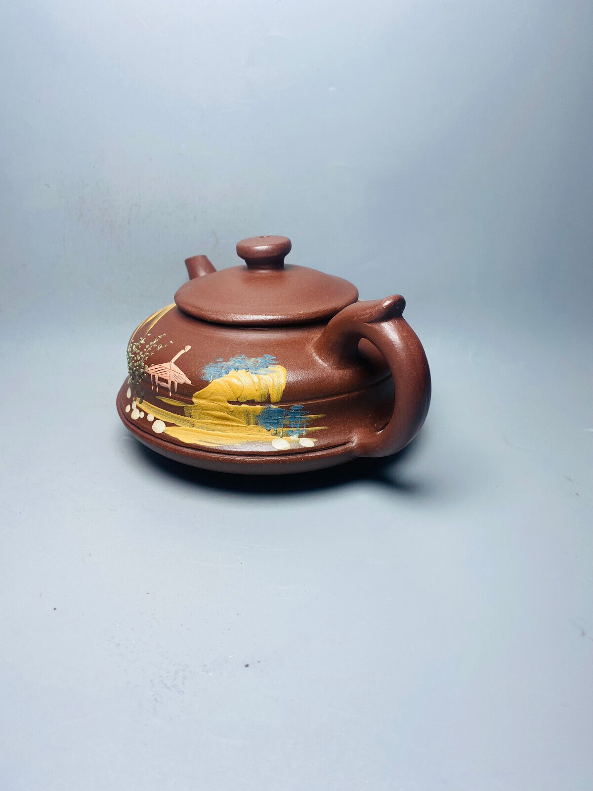 Chinese Yixing Zisha Clay Handmade Exquisite Teapot( 山水泥绘 底款：汪寅仙)