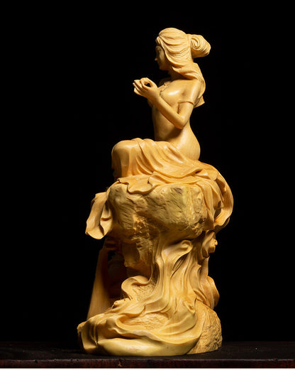 5" Chinese Boxwood Wood Hand-carved Girl Lady Women Pipa Boddhisattva Statue