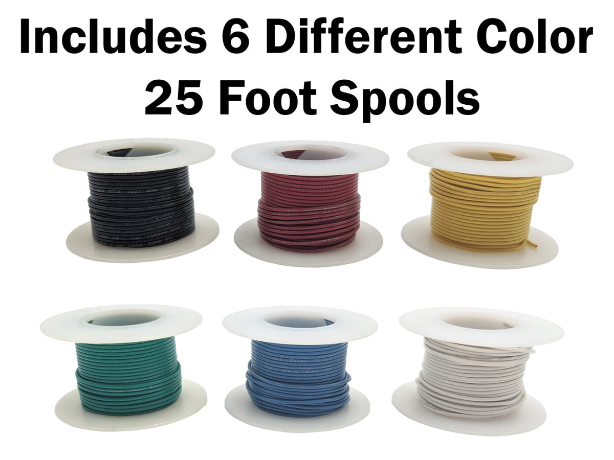 Solid 26 Gauge Hook Up Wire Kit - Includes Six Different Color 25 Foot Spools