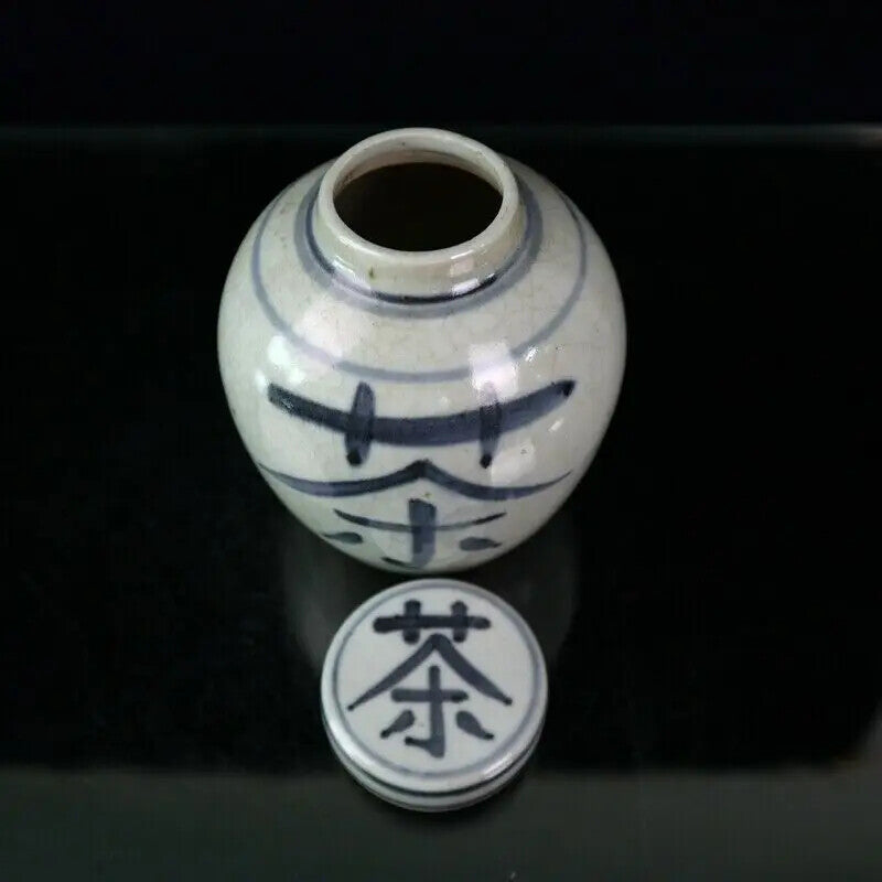 Chinese Old Porcelain Cracked Glaze Open Blue and White Tea Pattern Lid Jar