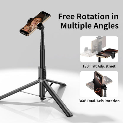 67'' Automatic Phone Tripod, Auto-Open Selfie Stick for Iphone with Remote, 360°