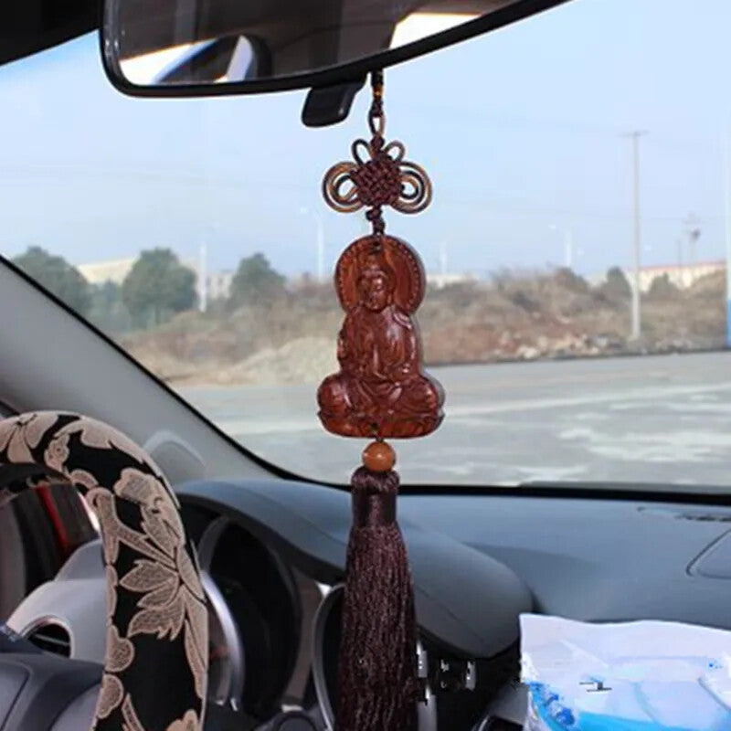 Car Hanging Pendant Wood Carving Red Chinese Kwan Yin Buddha Statue Sculpture