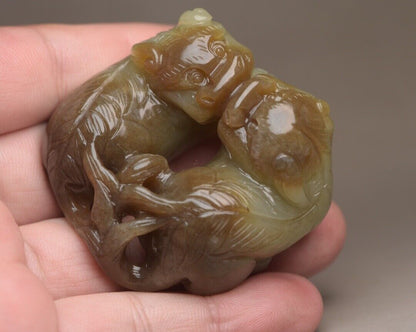 Chinese Antique Hetian Jade Carved Exquisite Lion 事事如意Statue Lucky Pair Figurine