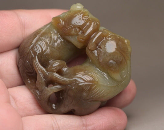 Chinese Antique Hetian Jade Carved Exquisite Lion 事事如意Statue Lucky Pair Figurine