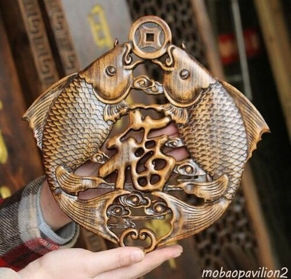 Chinese Wood Carved Feng Shui Fish Plaque Sculpture Wall Hanging Wooden Decor