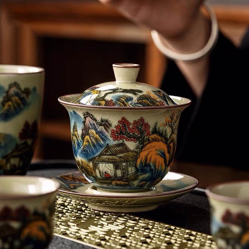 Colorful Ceramic Opening Gaiwan For Tea Landscape Tureen Teaware Set Chinese