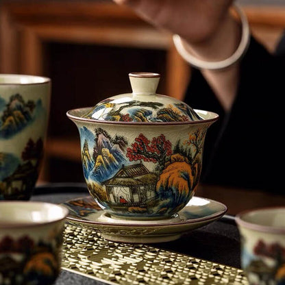 Colorful Ceramic Opening Gaiwan For Tea Landscape Tureen Teaware Set Chinese