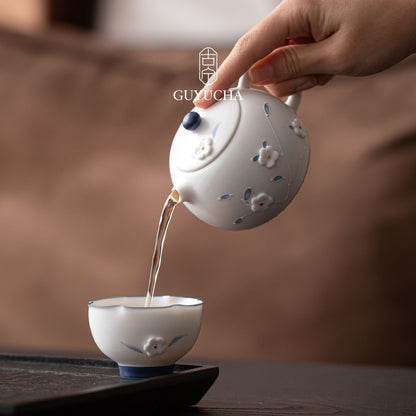 Handmade Ceramic Xishi Teapot 200ml Embossed Flower Glazed Tea Pot For Women