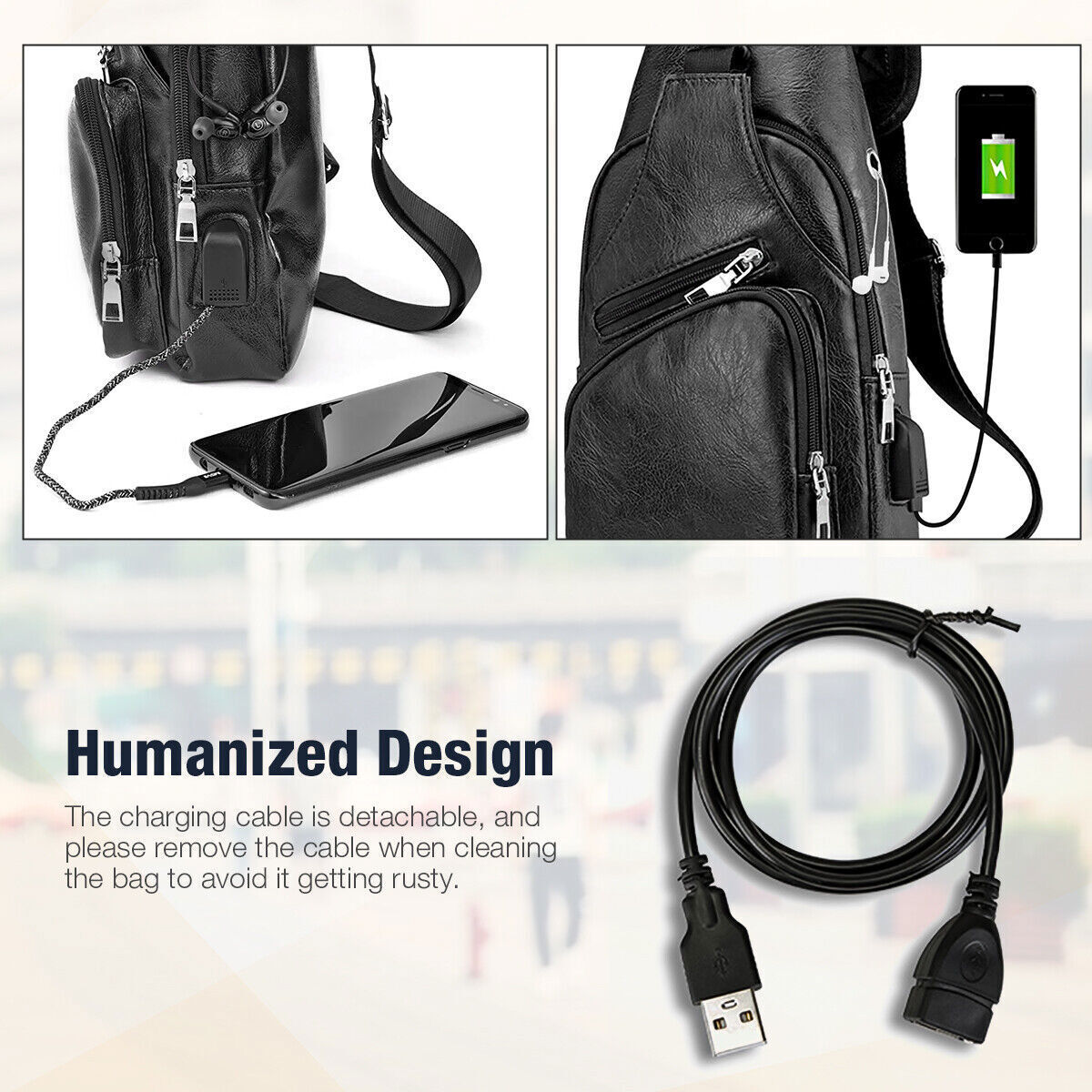 Men Leather Sling Bag Chest Shoulder Crossbody Backpack USB Charging Port Travel