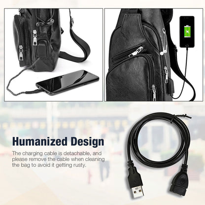 Men Leather Sling Bag Chest Shoulder Crossbody Backpack USB Charging Port Travel