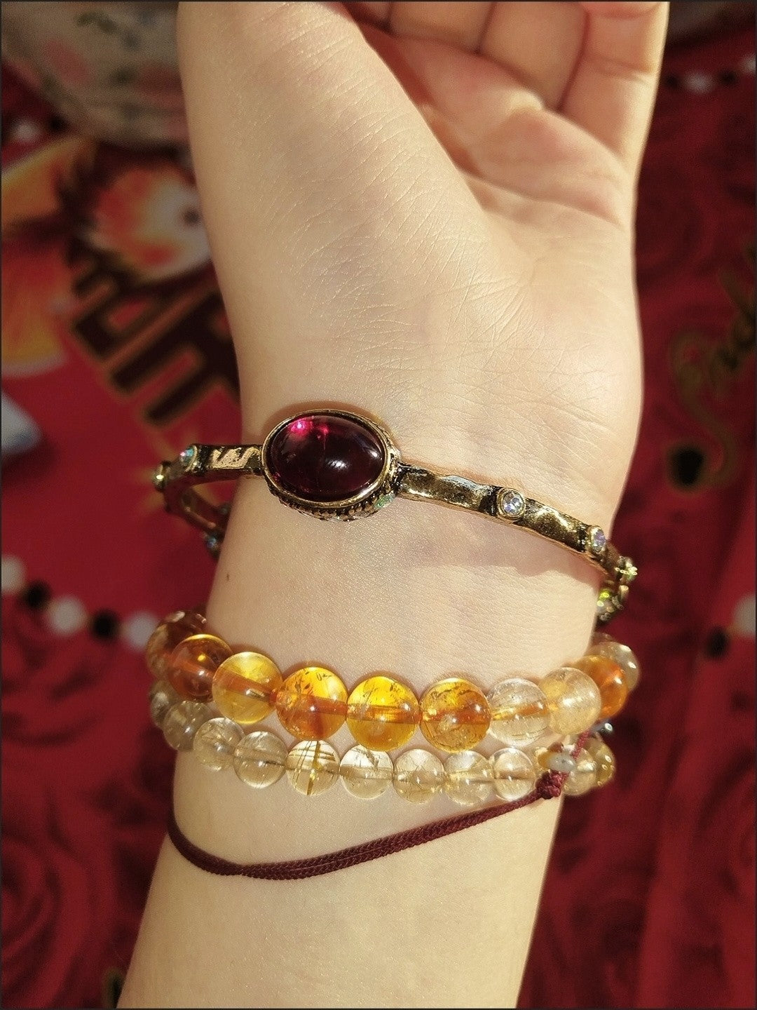 Vintage Ornate Red Crystal Bangle Antique Bronze Statement Cuff Bracelet