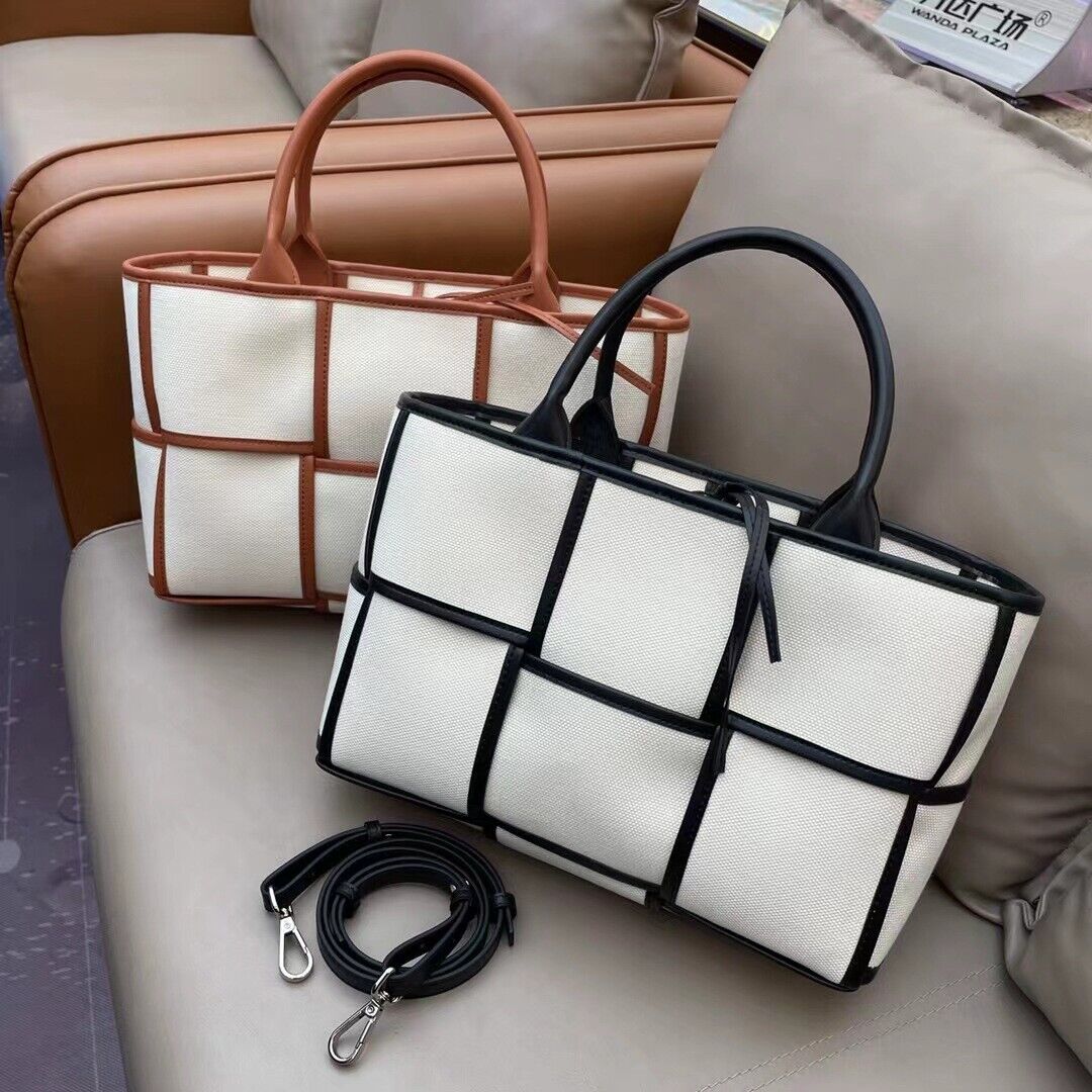 Woven Canvas & Leather Tote bag Purse Handbag Fashion w/ Zip Bag Crossbody Strap