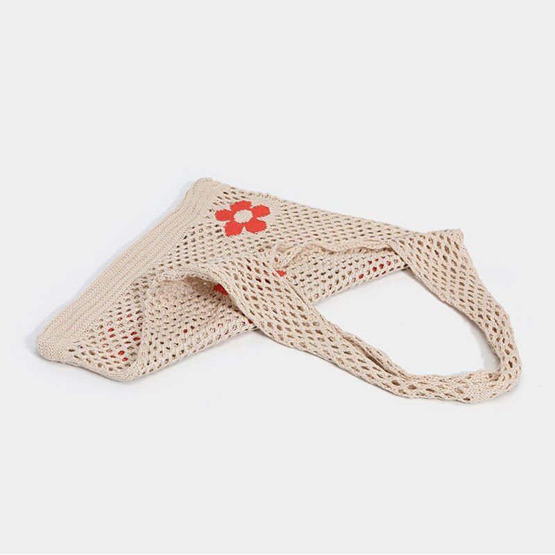 Summer Flower Handbag Knitted Shoulder Bag Large Shopping Woven Hollow Beach Bag