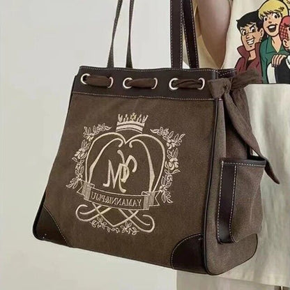 New Trendy Vintage Shoulder Bag For Women Embroidery Letters Heart Canvas Gift