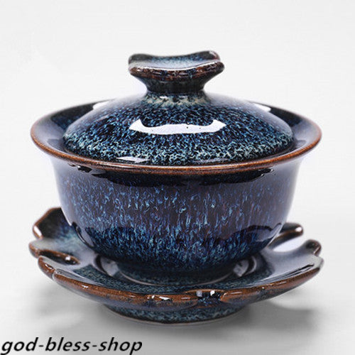 Jianzhan Gaiwan Porcelain Blue Glaze Kiln Change Tureen With Lid Saucer Bowl New