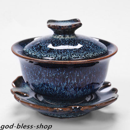 Jianzhan Gaiwan Porcelain Blue Glaze Kiln Change Tureen With Lid Saucer Bowl New