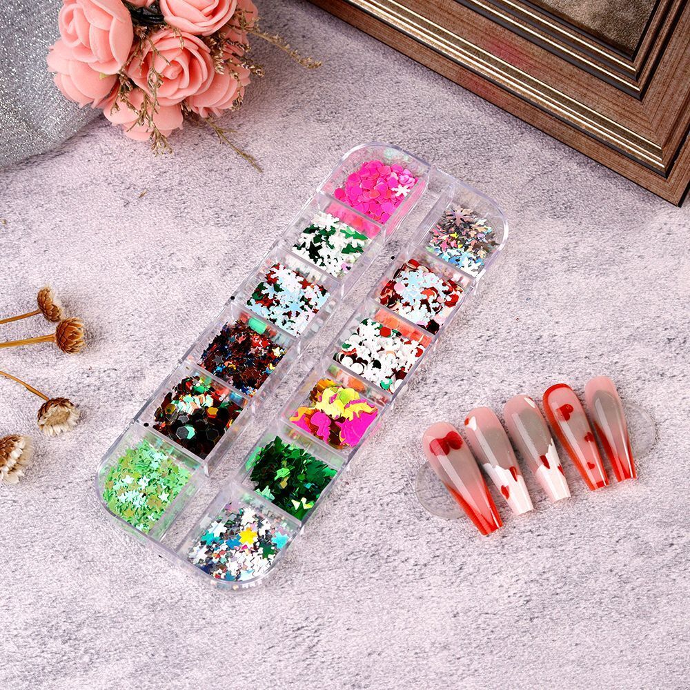 Nail Glitter Polish 12 Grids Colorful Mirror Effect Shimmer Pearl Powder Pigment