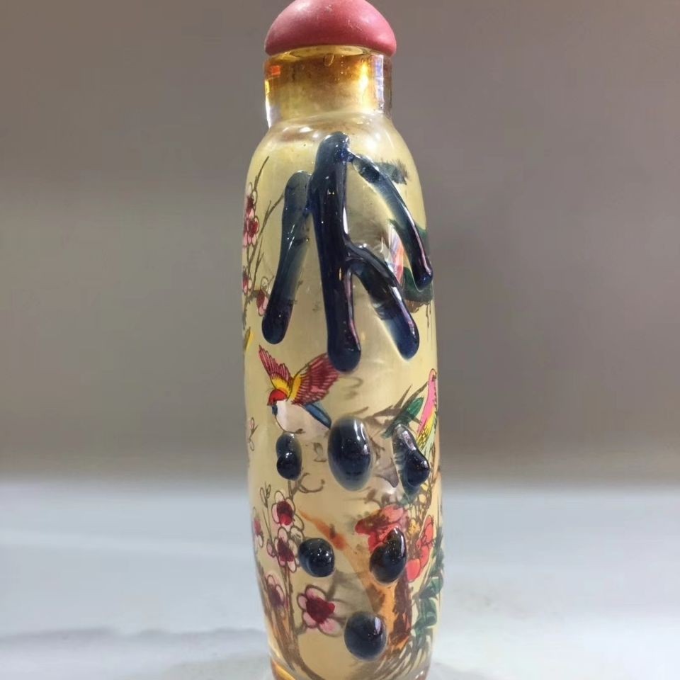 Hand Painted Inside Snuff Bottle Glass Flower Bird Antique Collectible Decor