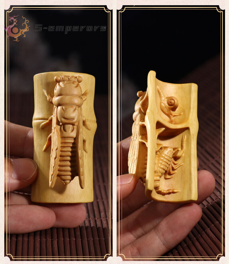6.8 X 3.3 X 3.3 CM Boxwood Carving Netsuke - Cicada & Insects