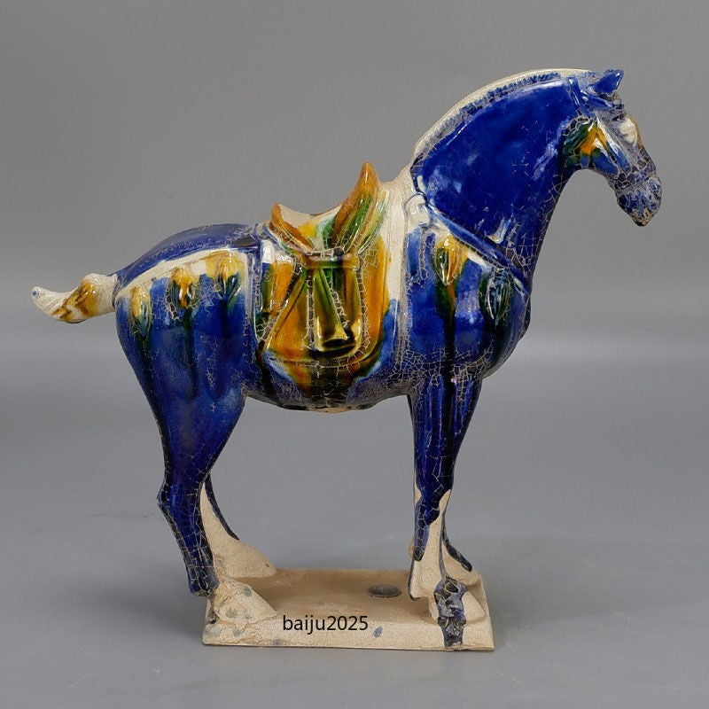9" Chinese Tang Tri-Color Glazed Ceramics Blue War Horse Porcelain Statue Gift