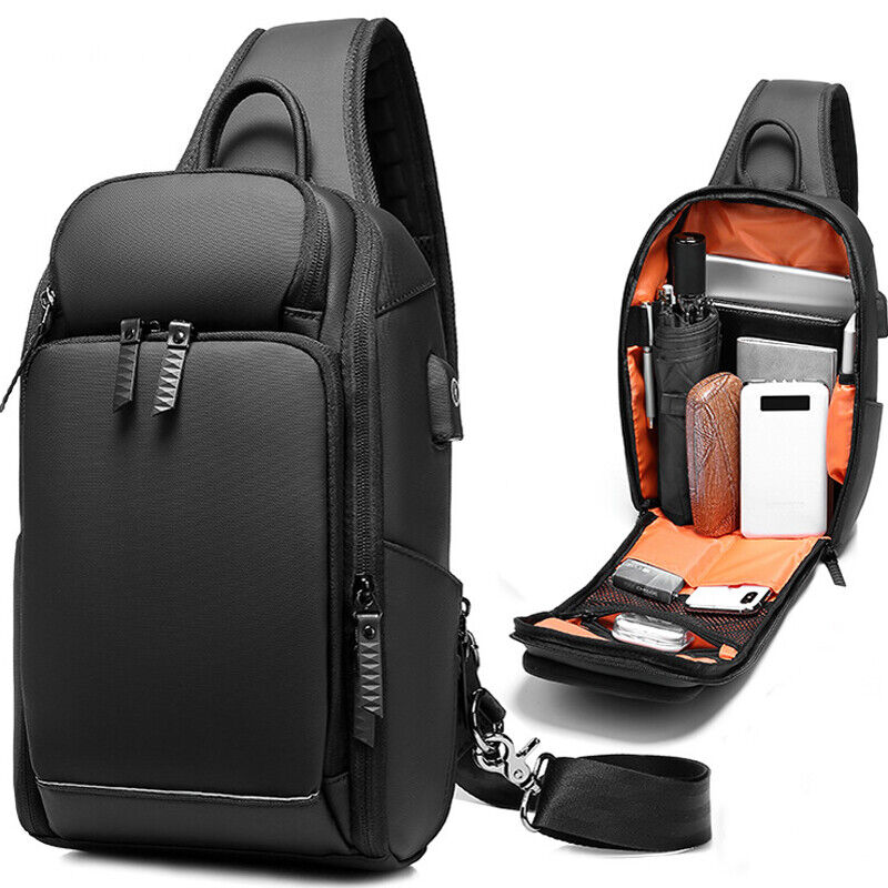 Men's Sling Backpack Oxford cloth Waterproof Crossbody Bag Outdoor Sport Bag USB