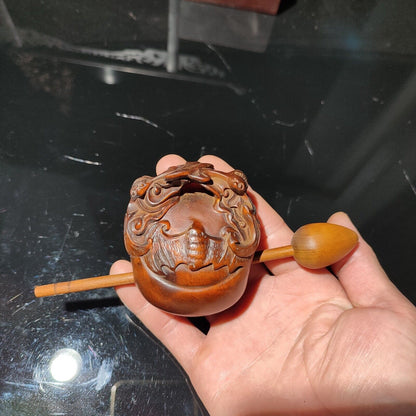 chinese wooden statue carving sculpture Boxwood carved bat praying Buddhism art