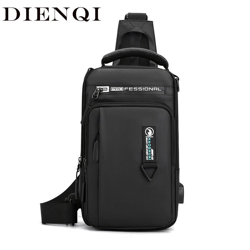 Men Nylon Waterproof Phone Chest Bag USB Small Crossbody Sling Bag Shoulder Bag