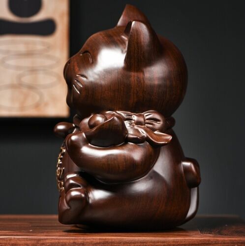 Arts and Crafts Ebony Wood Carved Maneki Neko Statue Lucky Cat Feng Shui Decor