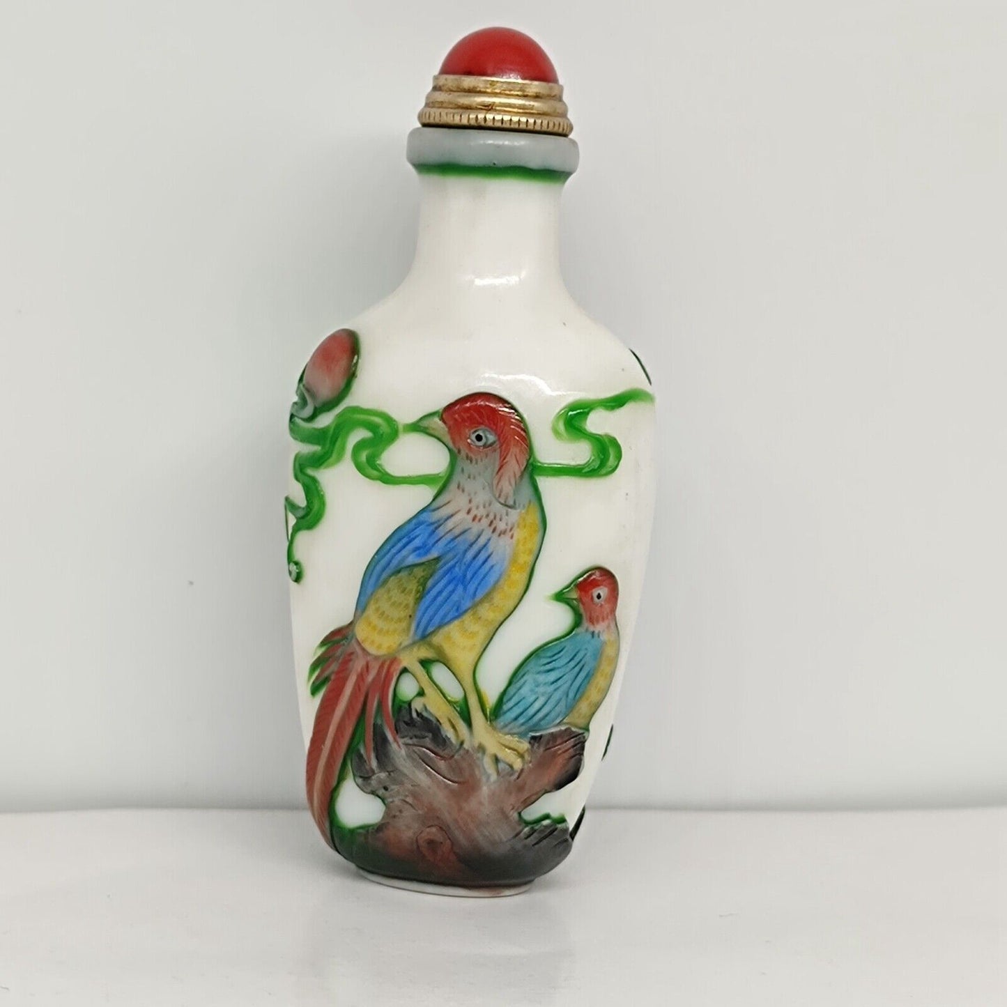 chinese carved tree bird statue peking glass snuff bottle painted Carving glaze