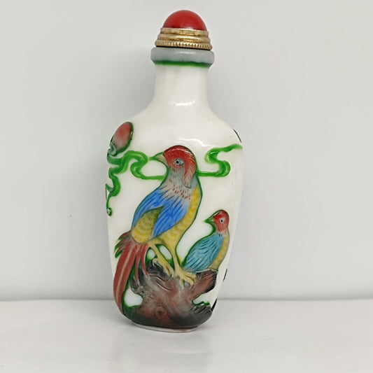 chinese carved tree bird statue peking glass snuff bottle painted Carving glaze