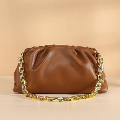 Genuine Cow Leather Handbag Thick Thin Chain Cloud Dumplings Clutch Shoulder Bag