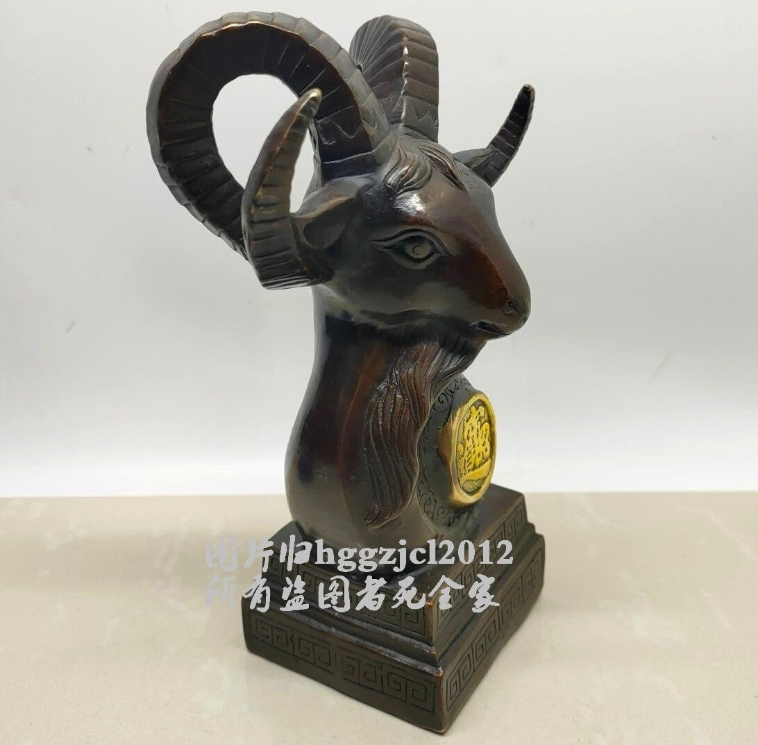 Brass Carved Goat Head Statue Paperweight Animal Collections Home Decor