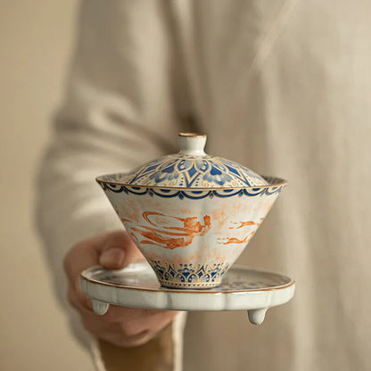 Jingdezhen Ceramics Rubbing Dunhuang Tureen Tea Set Bamboo Hat Horseshoe Gaiwan