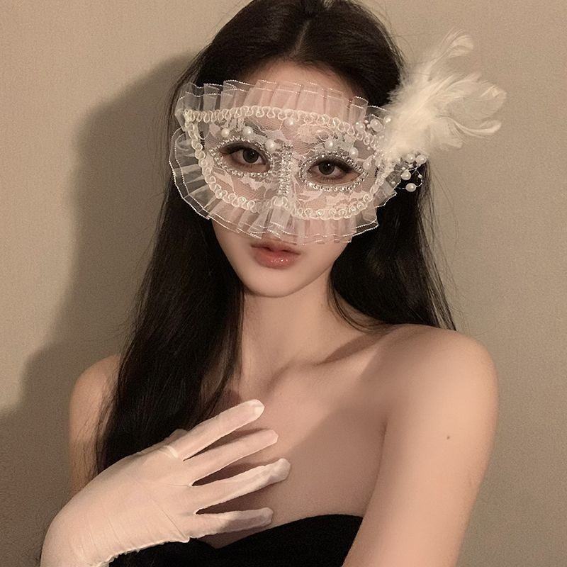 Princess Feather Mask Set 2 Pack Black White Masquerade Half Face Cover