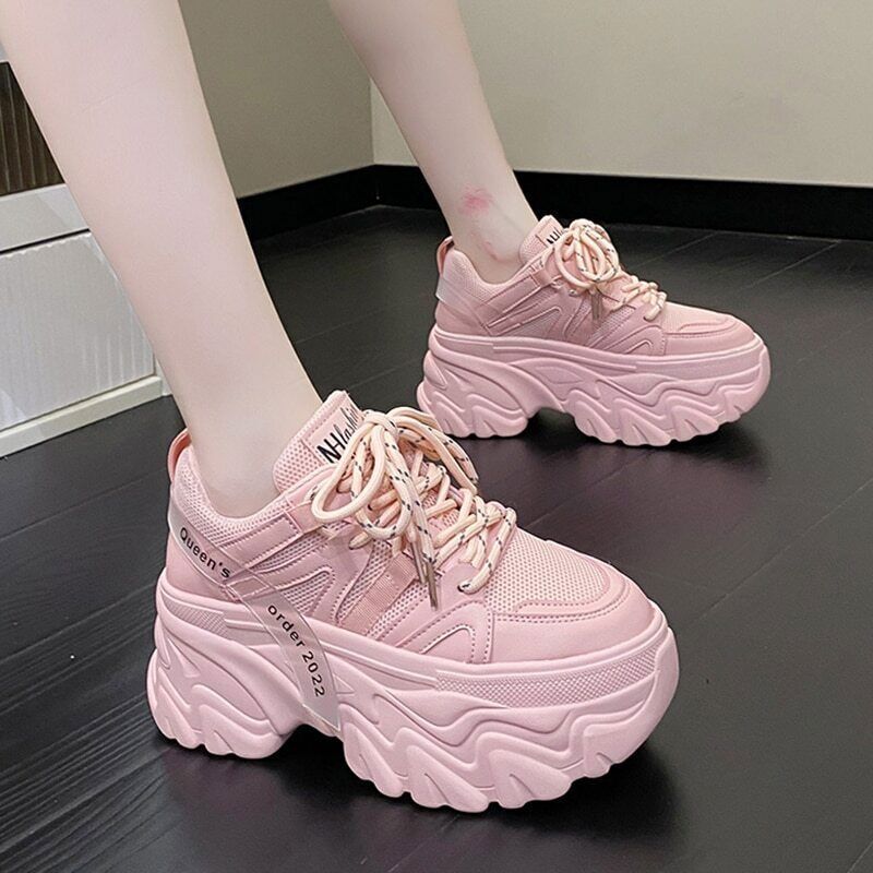 Women's Pink Sneakers Sports Shoes Woman Lace Up Thick Sole Shoes 2023