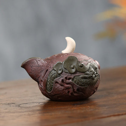 True Yixing Zisha Purple Clay Tea Pot Handmade Dragon Carved Relief Master Pot