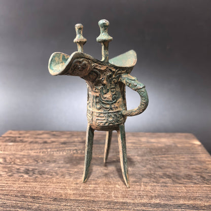 4.6" Old Chinese Purple Bronze Dynasty Beast Face Drinking Vessel Cup Goblet