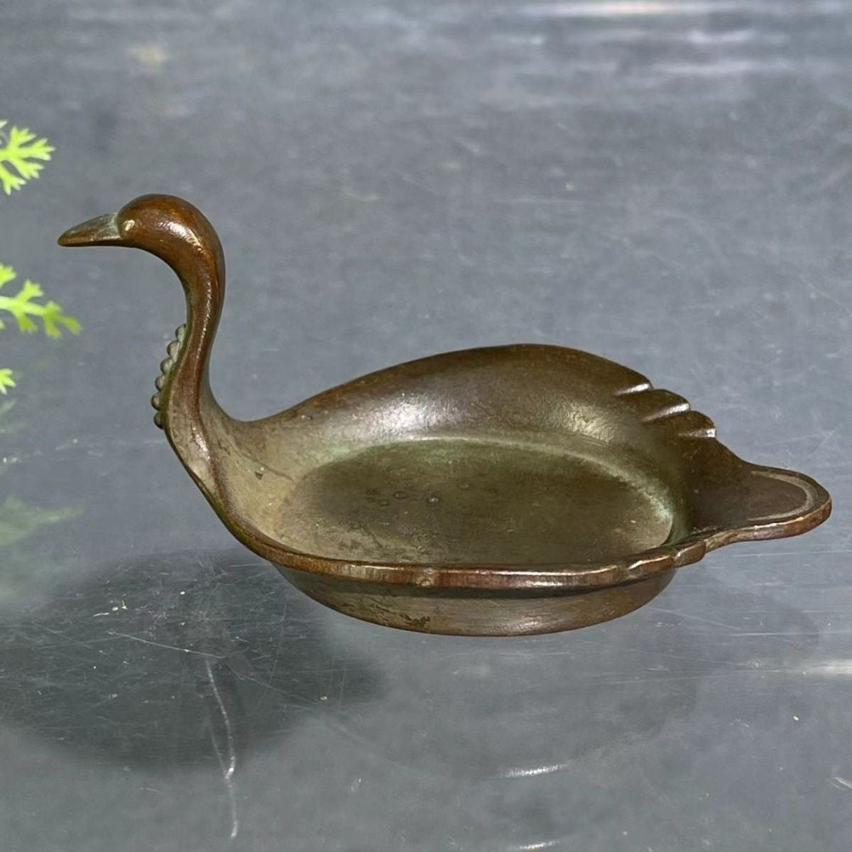Antique Bronze Swan Brush Washer Incense Burner Tea Table Decor Dish