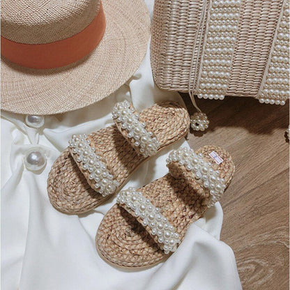 Pearl Straw Bag Fashionable Shoulder Bag Seaside Vacation Handbag Polyester 1 PC