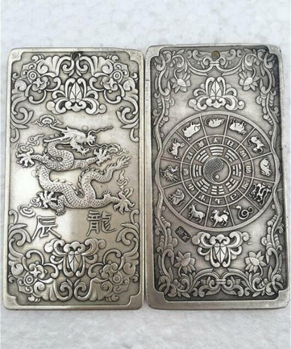 12Pc Chinese Old Ancient Twelve Zodiac Tibetan Silver Bullion Thanka Amulet Set