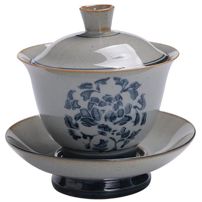 170ml Retro Dehua Hand Painted Gaiwan Blue Porcelain Tea Bowl Tea Set Tureen
