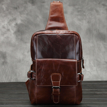 Sling Backpack Oil Wax Leather Chest Bags Cowhide Vintage Crossbody Shoulder Bag