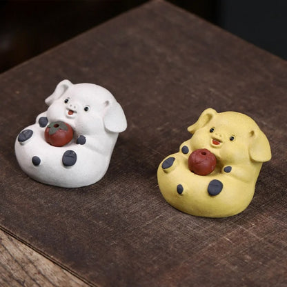 6.6cm Purple Clay Handcarvede Zodiac Pig Incense Holder Tea Pet Statue Ornament
