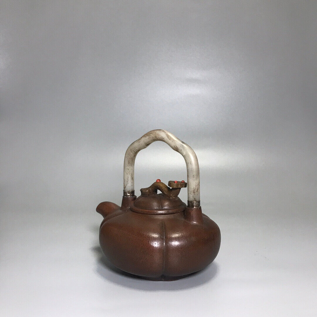 Chinese Yixing Zisha Clay Handmade Exquisite Teapot （如意镶玉提梁 底款：杨鹏年）