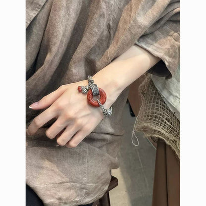 Vintage Chinese Jade Bracelet Retro Silver Tassel Beaded Bracelet for Women